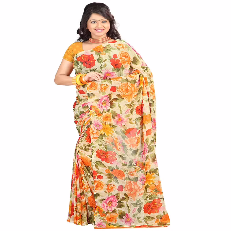 Lookslady Printed Orange Faux Georgette saree