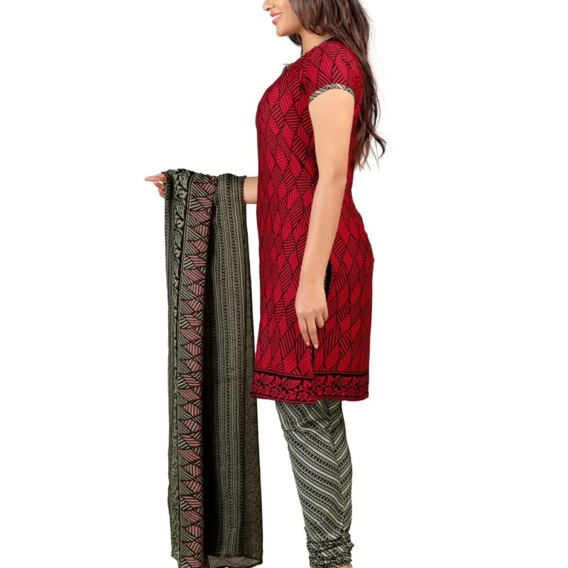 Lookslady Printed Red Crepe Dress-Material