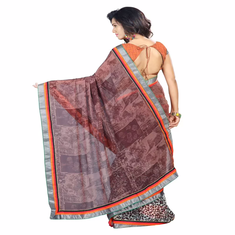 Lookslady Printed Brown Faux Georgette saree - Image 2