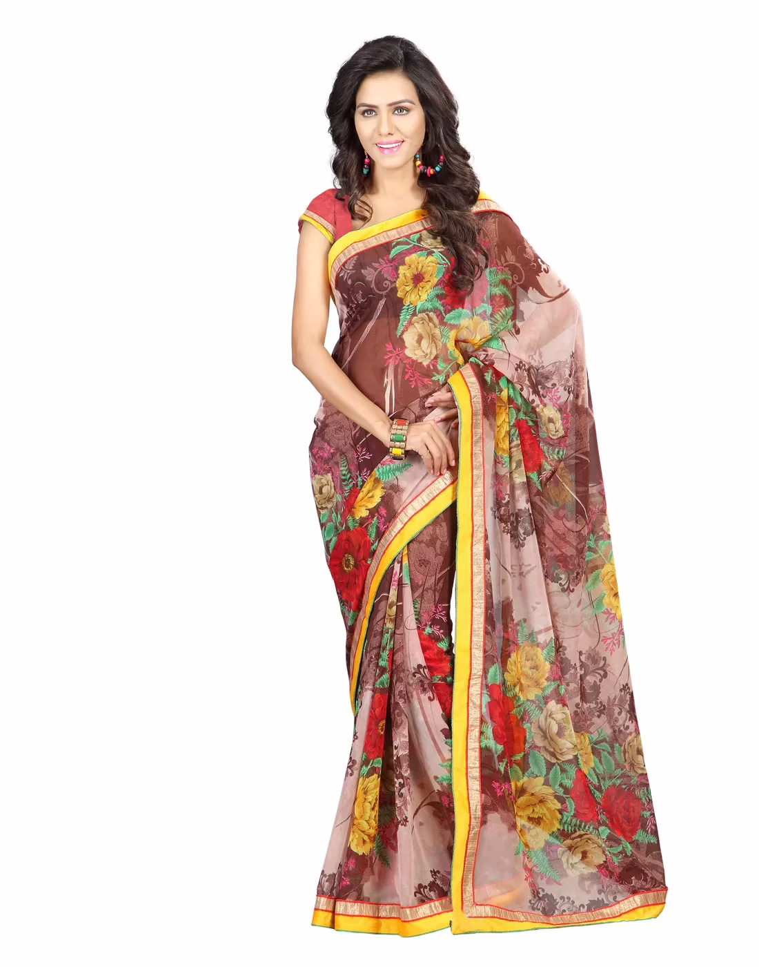 Lookslady Printed Brown Faux Georgette saree