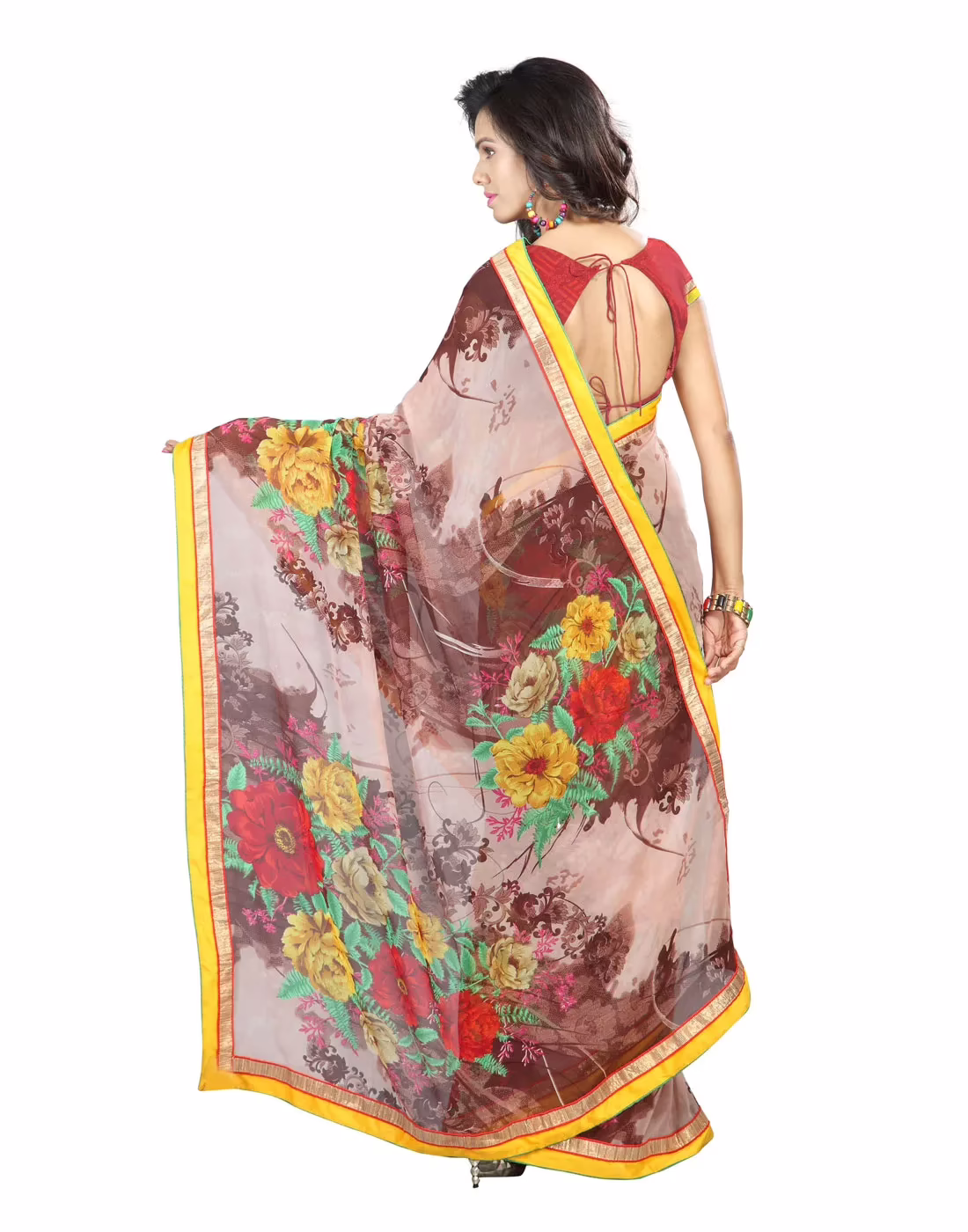 Lookslady Printed Brown Faux Georgette saree - Image 3