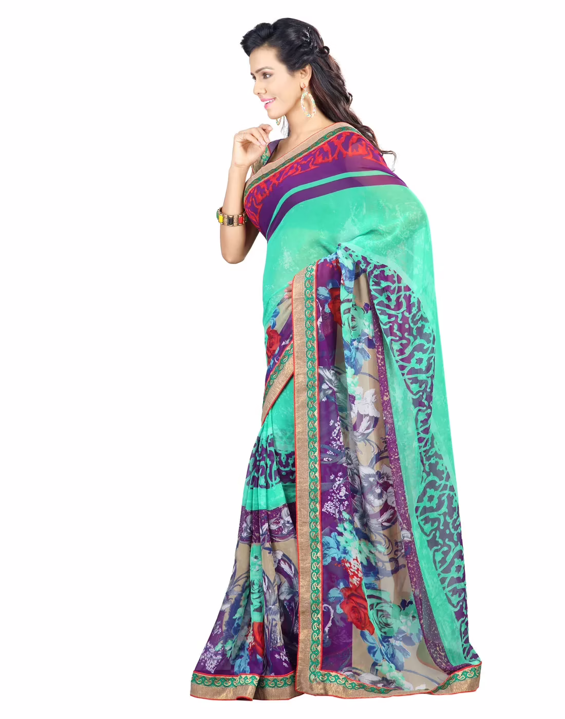 Lookslady Printed Light Green Faux Georgette saree - Image 2