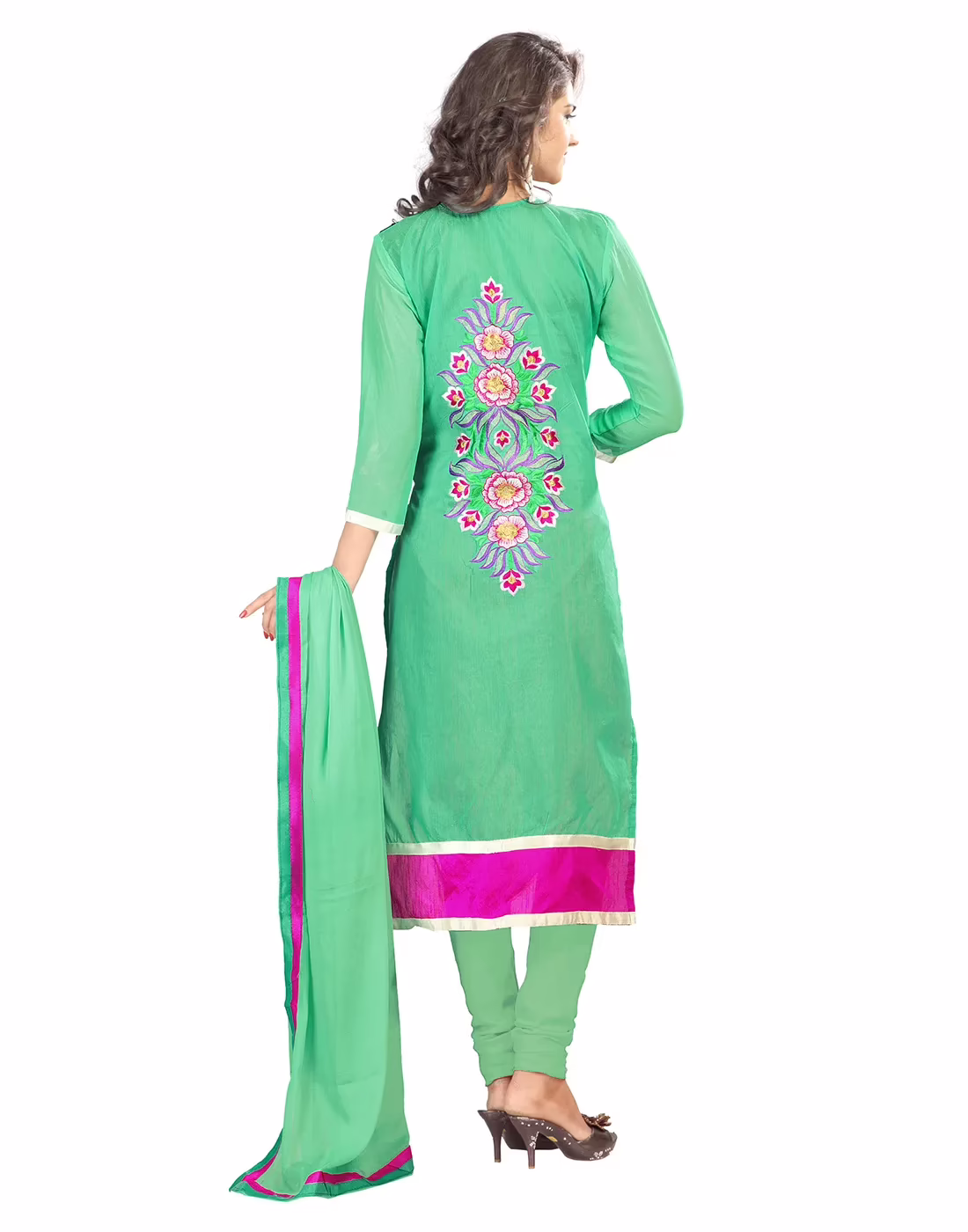 Lookslady Embroidered Turquoise Chanderi Dress-Material - Image 3