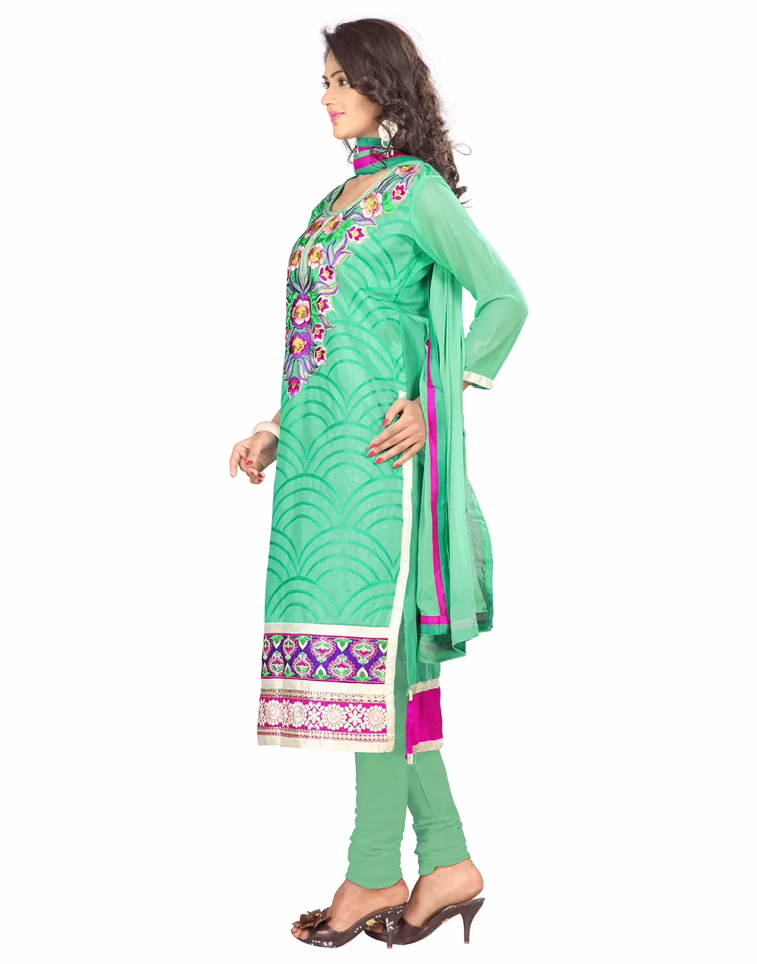 Lookslady Embroidered Turquoise Chanderi Dress-Material - Image 4