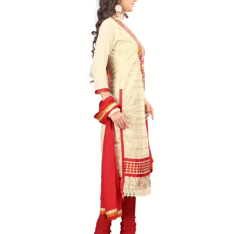 Lookslady Embroidered Beige Chanderi Dress-Material