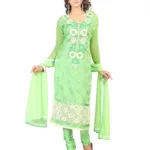 Lookslady Embroidered Green Chanderi Dress-Material