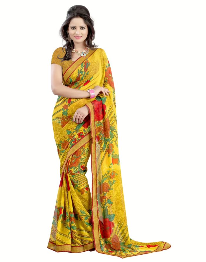 Lookslady Printed Yellow Faux Georgette Saree