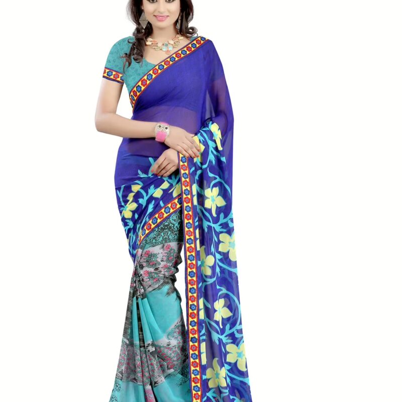 Lookslady Printed Blue Faux Georgette Saree