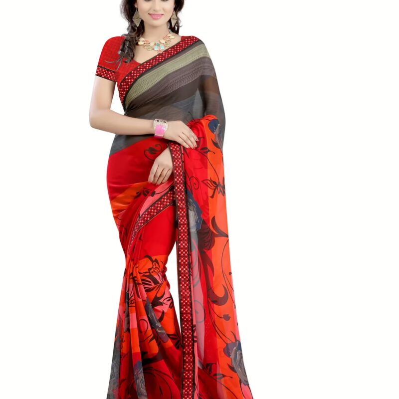 Lookslady Printed Red Faux Georgette Saree