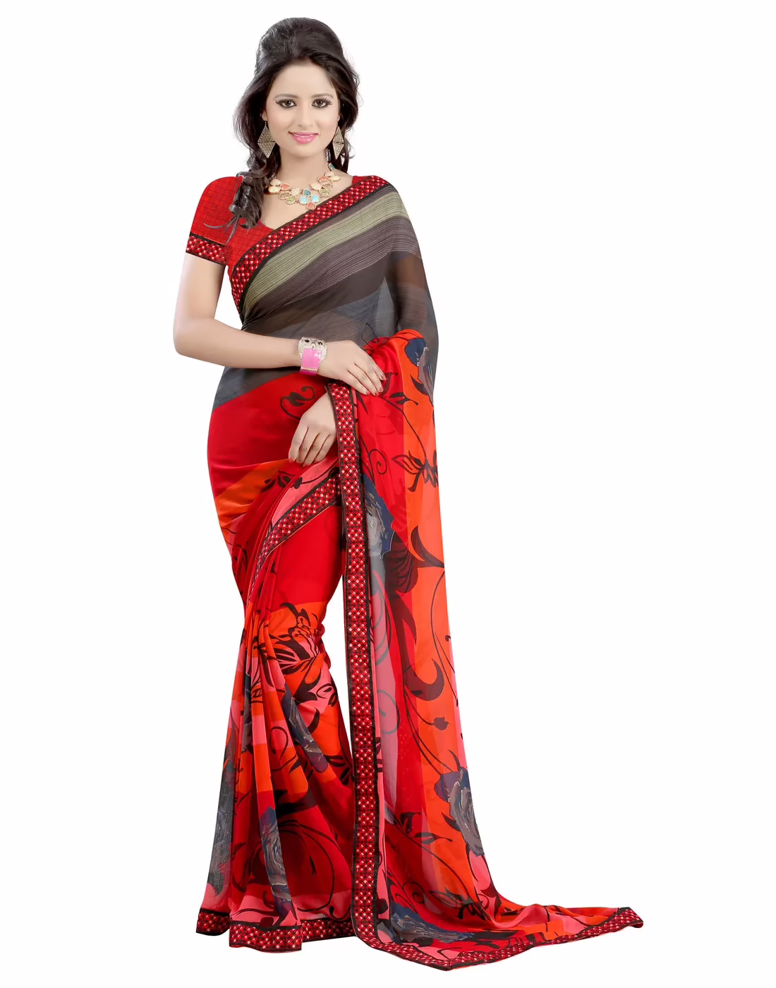 Lookslady Printed Red Faux Georgette Saree
