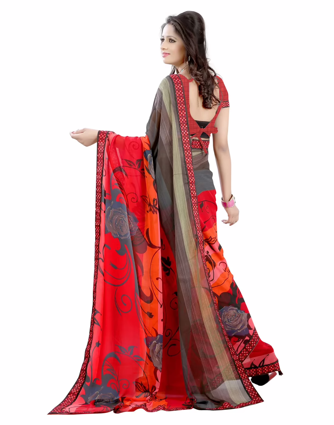 Lookslady Printed Red Faux Georgette Saree - Image 2