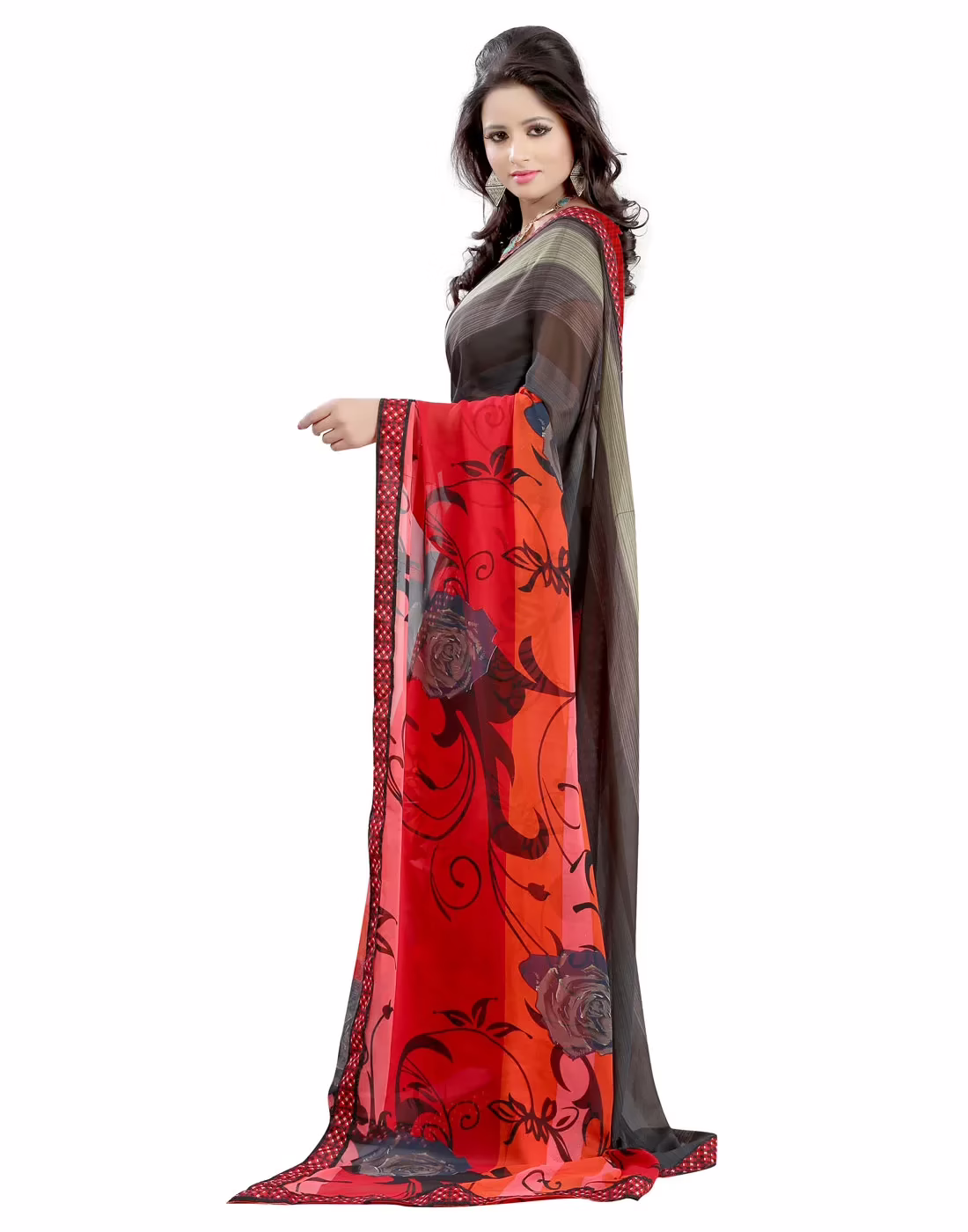 Lookslady Printed Red Faux Georgette Saree - Image 4