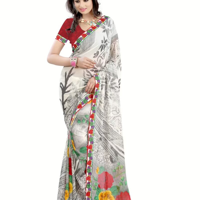Lookslady Printed Beige Faux Georgette Saree