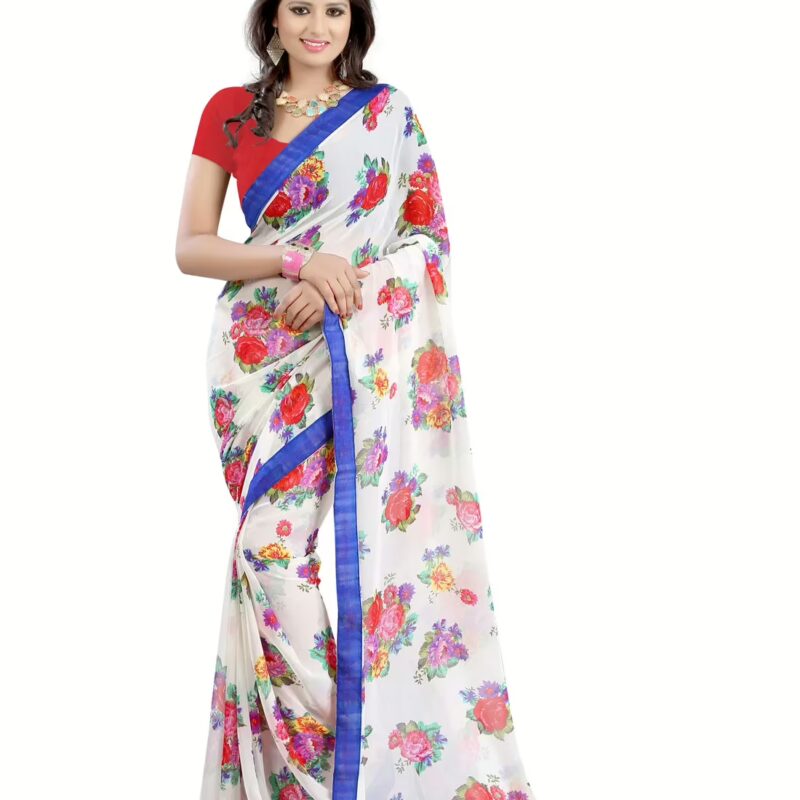 Lookslady Printed White Faux Georgette Saree