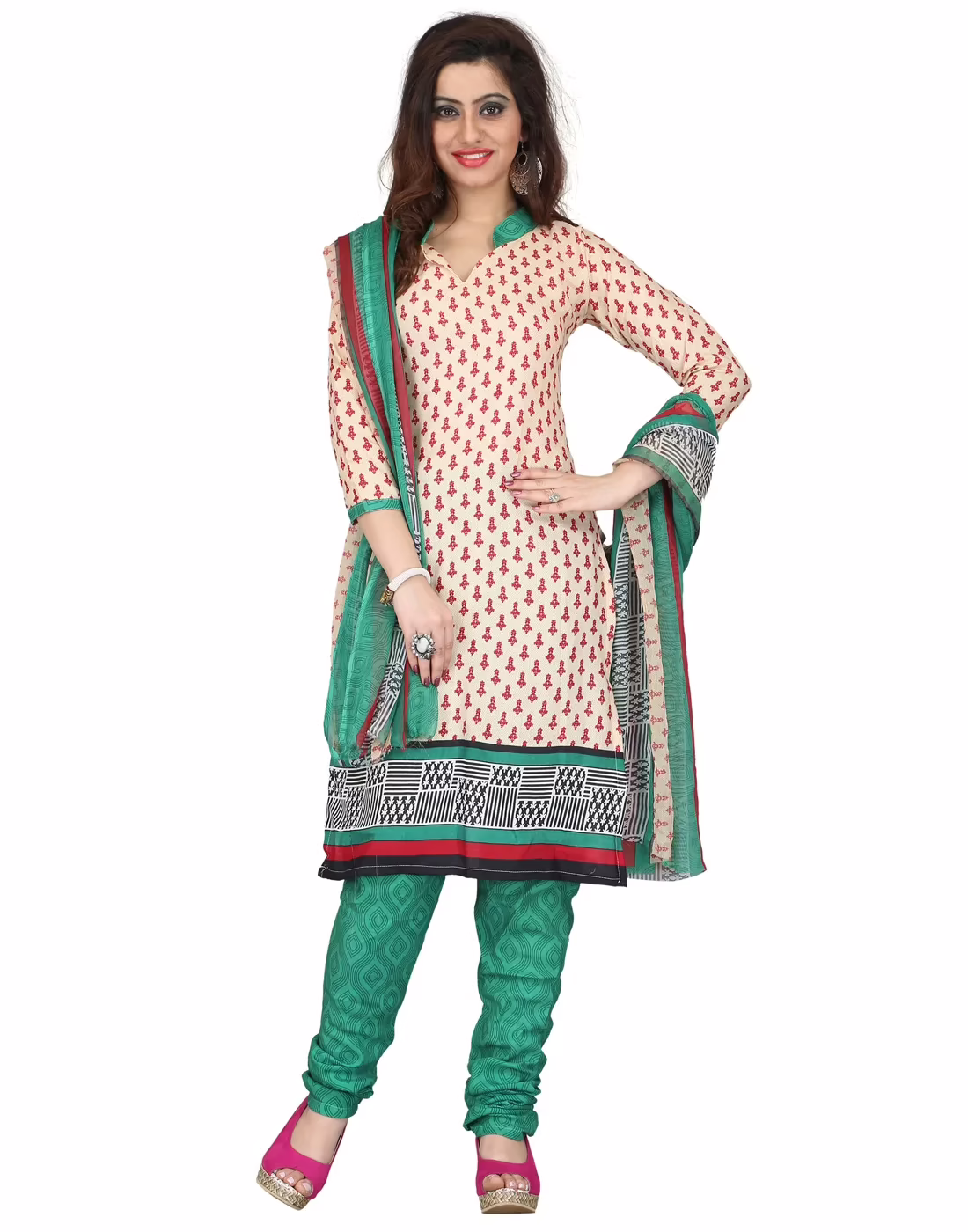 Lookslady Printed Beige Cotton Printed Dress-Material