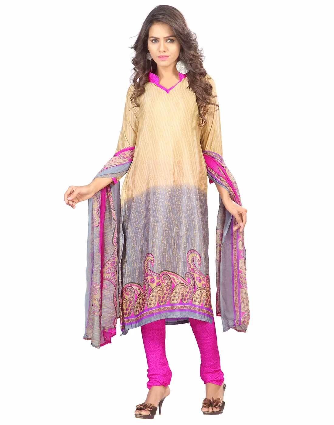 Lookslady Printed Beige Crepe Dress-Material