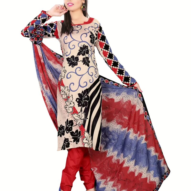 Lookslady Printed Beige Cotton Dress-Material