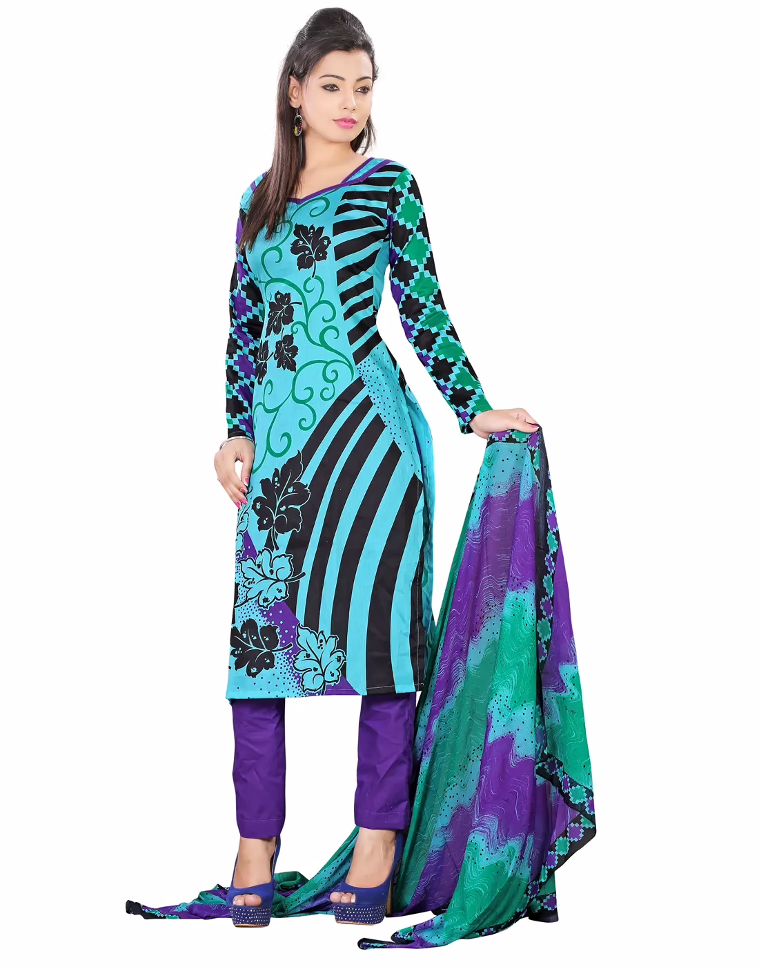 Lookslady Printed Light Blue Cotton Dress-Material - Image 3