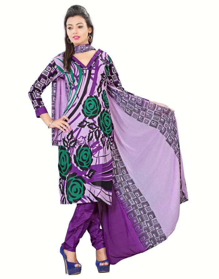 Lookslady Printed Purple Cotton Dress-Material