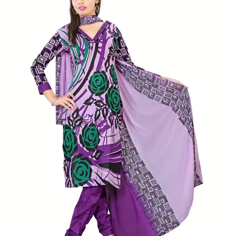 Lookslady Printed Purple Cotton Dress-Material