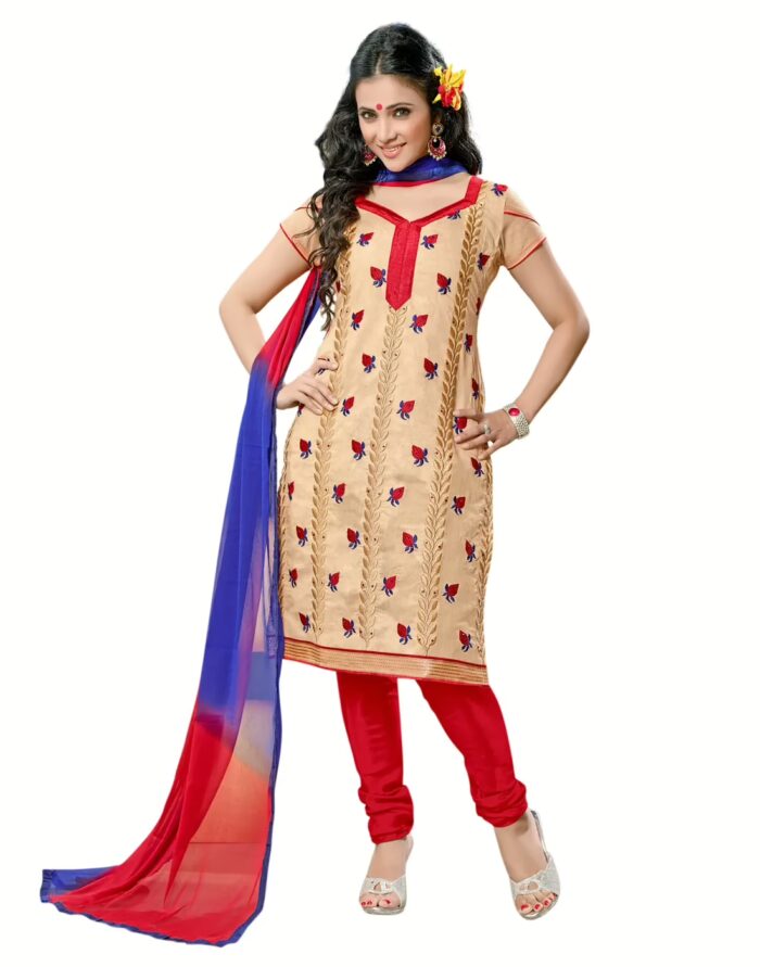Lookslady Embroidered Beige Cotton Dress-Material