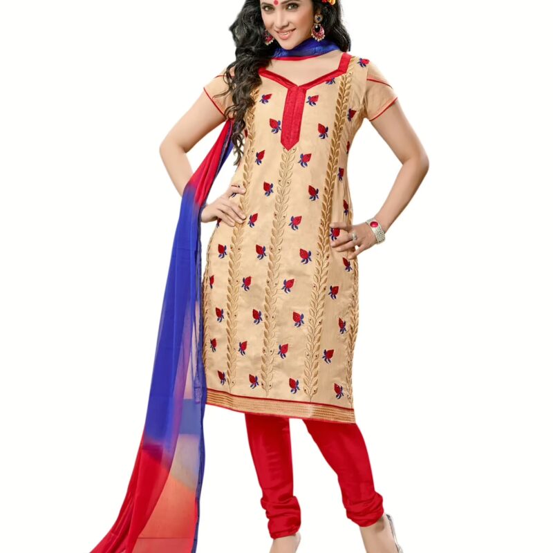 Lookslady Embroidered Beige Cotton Dress-Material