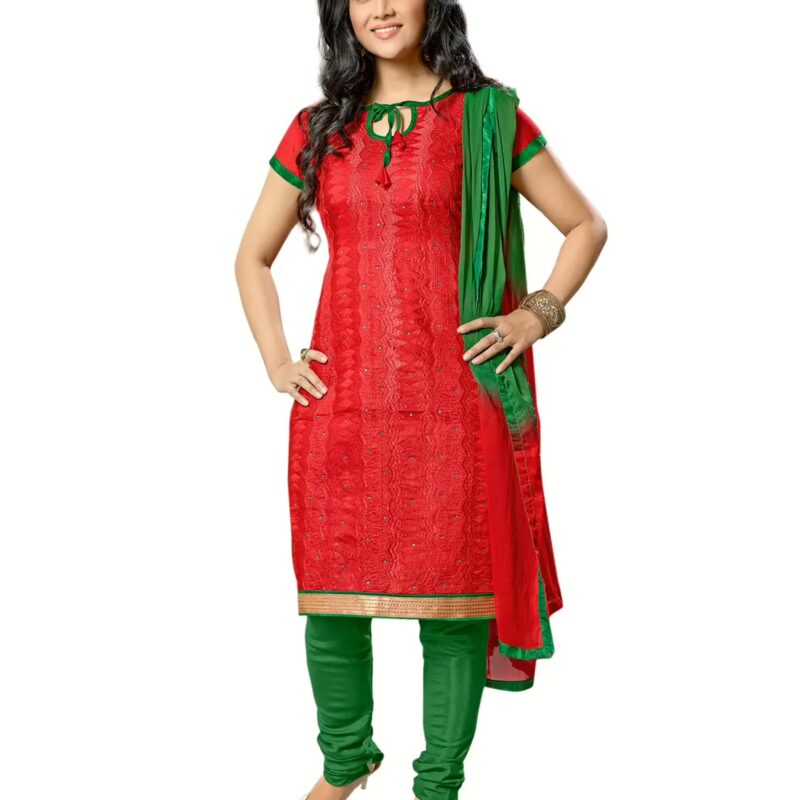 Lookslady Embroidered Red Cotton Dress-Material