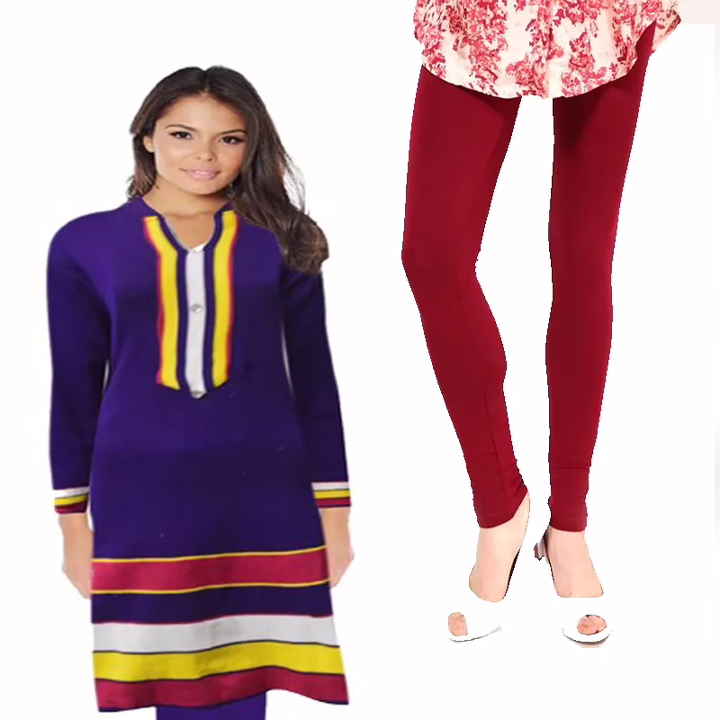 Purple Neck Stripes Nehru Collar Woolen Kurti With Free Warm Legging