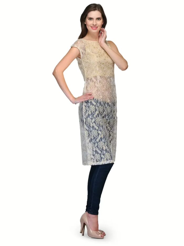Raas prêt Sheer Floral-Design Gold/ White Contemporary Tunic