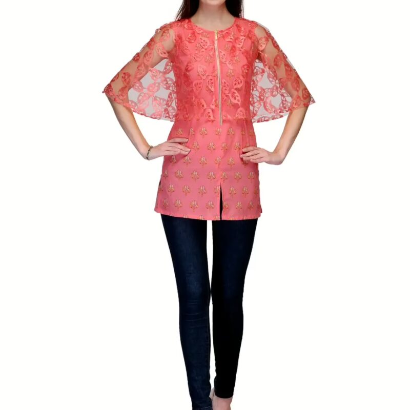 Raas Prêt Stylish Peach Cotton Zipper Casual Top
