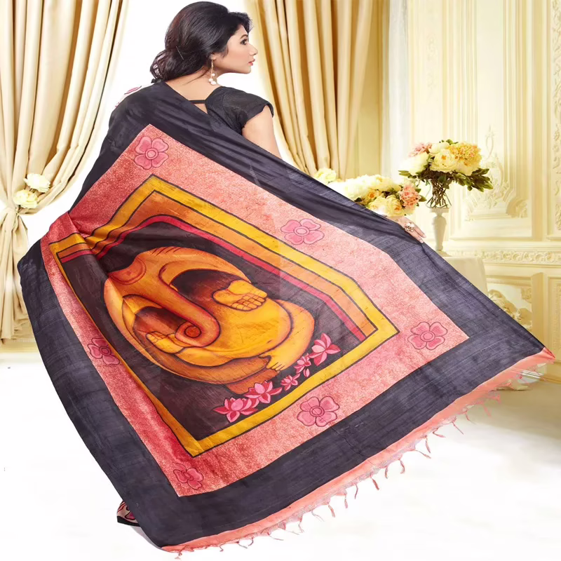 Original Modern Art Hand Painting Silk Saree - Image 2