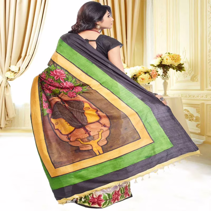 Original Modern Art Hand Painting Silk Saree - Image 3