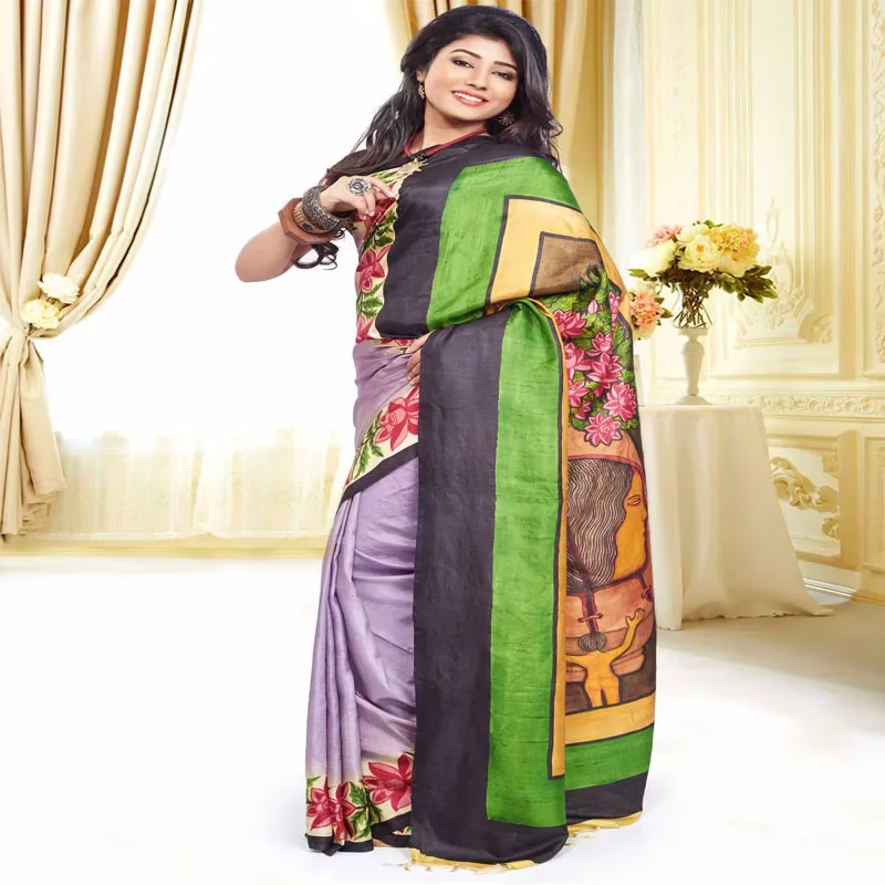 Original Modern Art Hand Painting Silk Saree - Image 2