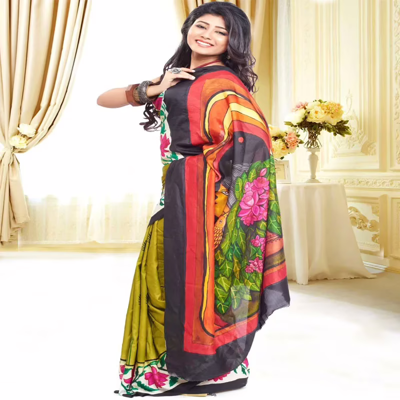 Original Modern Art Hand Painting Silk Saree - Image 3