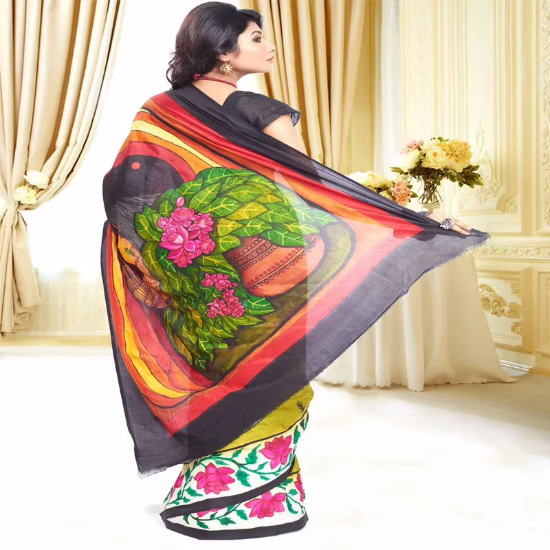 Original Modern Art Hand Painting Silk Saree - Image 2