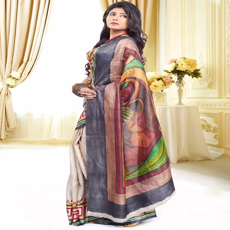 Original Modern Art Hand Painting Silk Saree - Image 3