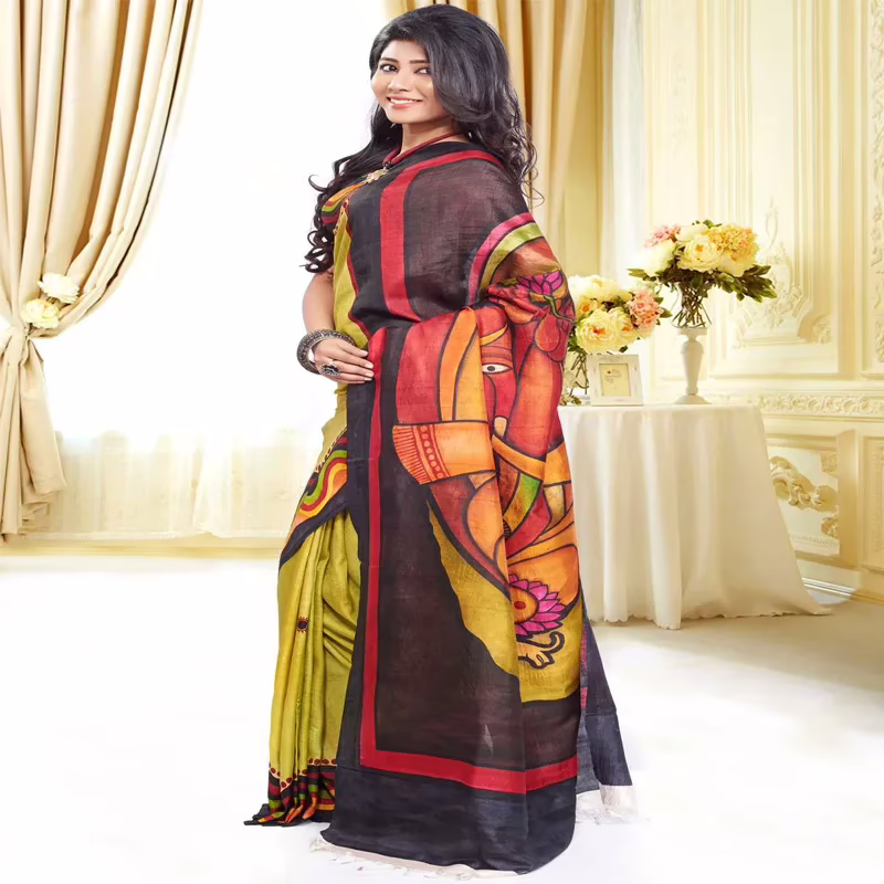 Original Modern Art Hand Painting Silk Saree - Image 2