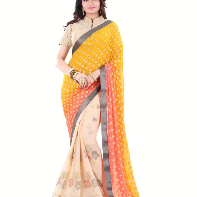 Club Art Decor Designer Yellow and Cream Saree with Designer Gold Blouse