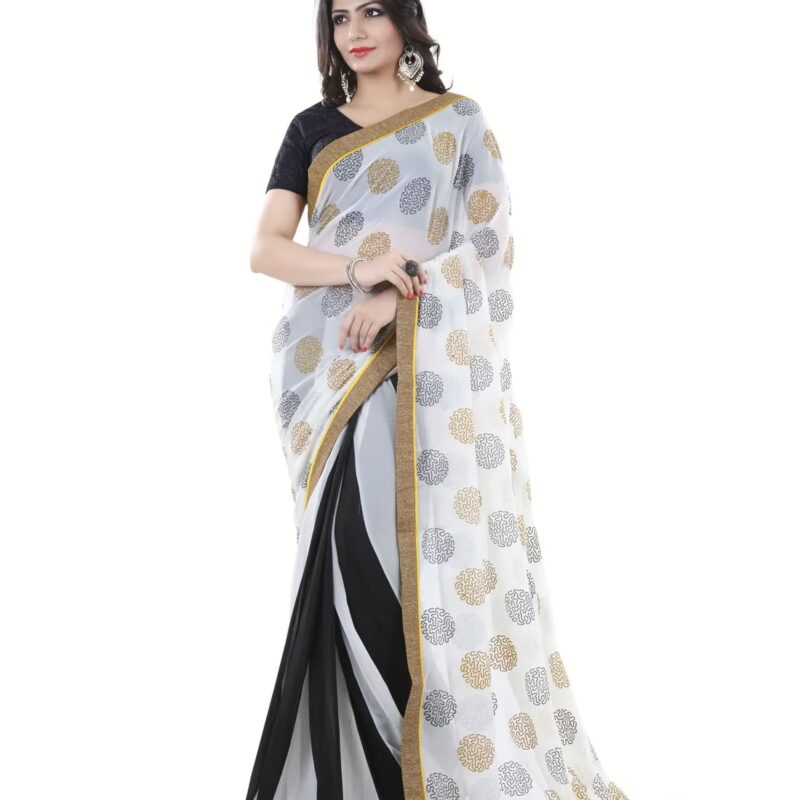 Club Art Decor Designer White And Black Saree with Designer Black Blouse