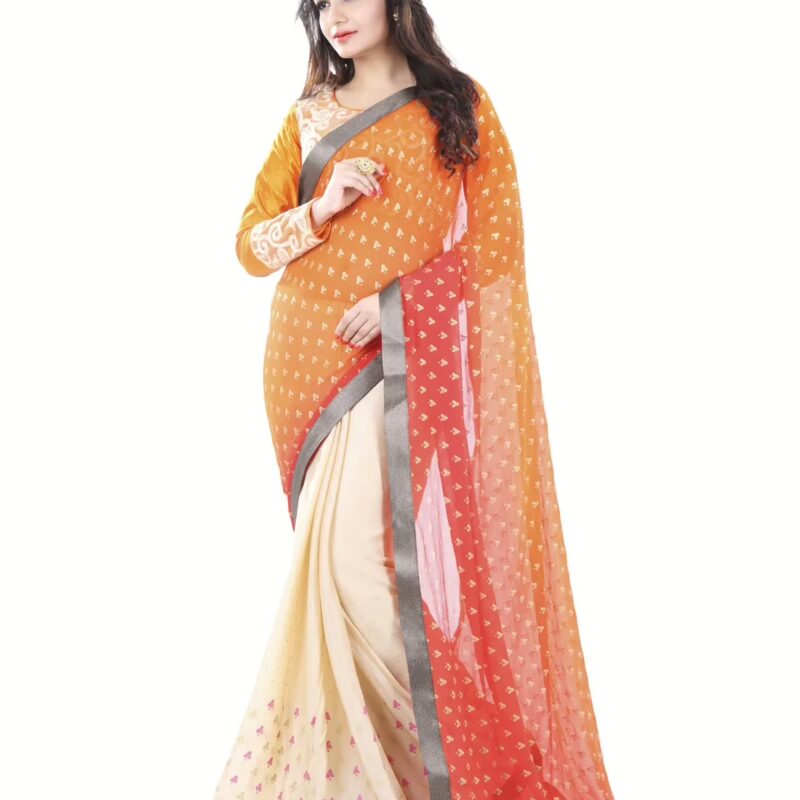 Club Art Decor Designer Orange And Cream Saree with Designer Orange Blouse