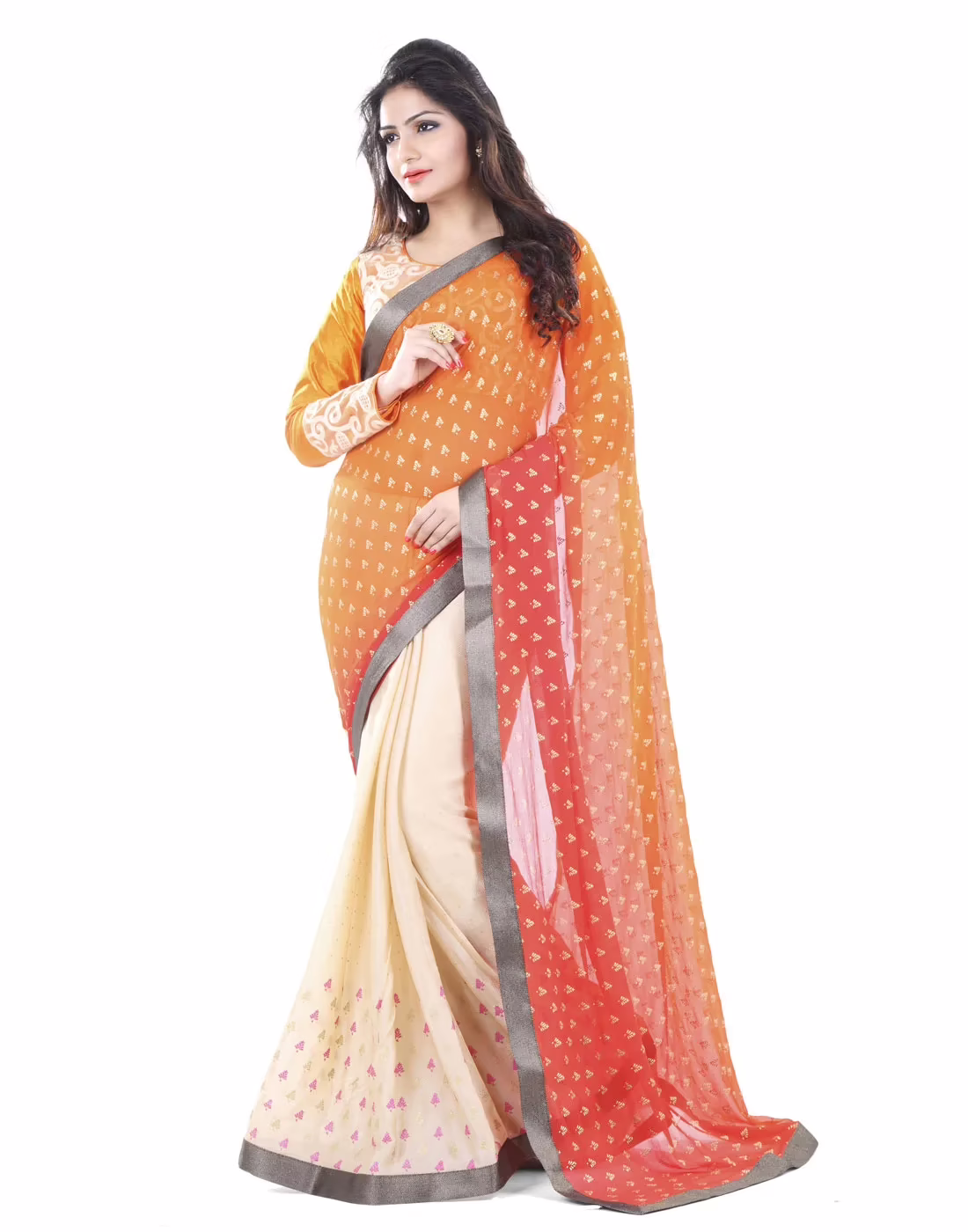 Club Art Decor Designer Orange And Cream Saree with Designer Orange Blouse