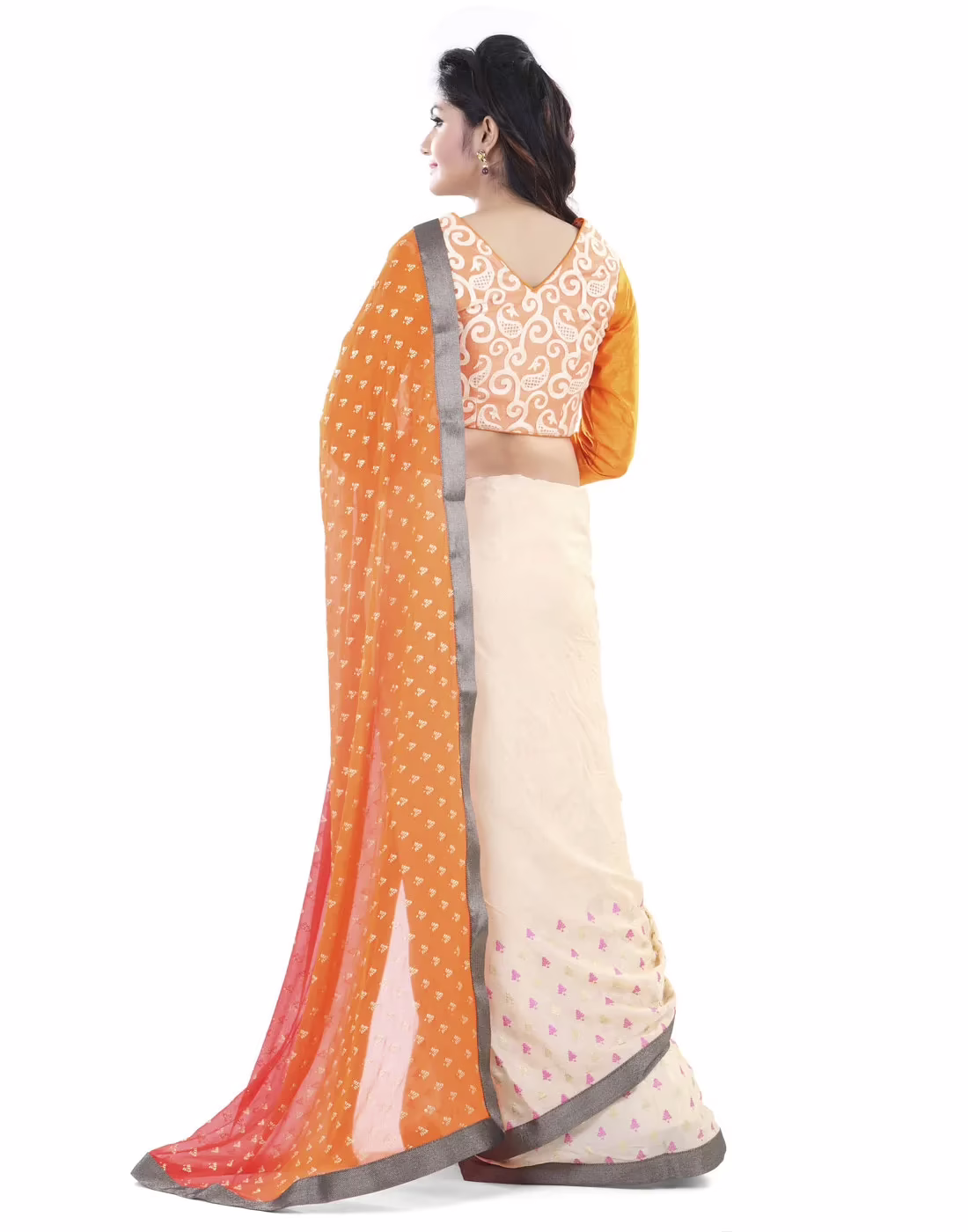 Club Art Decor Designer Orange And Cream Saree with Designer Orange Blouse - Image 4