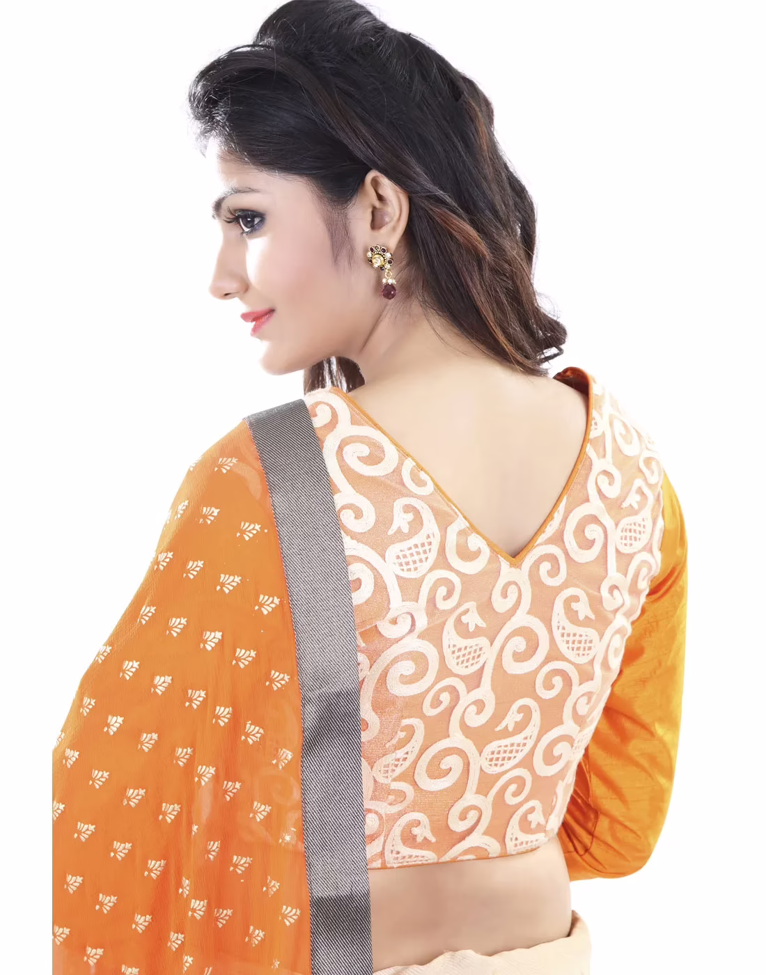 Club Art Decor Designer Orange And Cream Saree with Designer Orange Blouse - Image 2