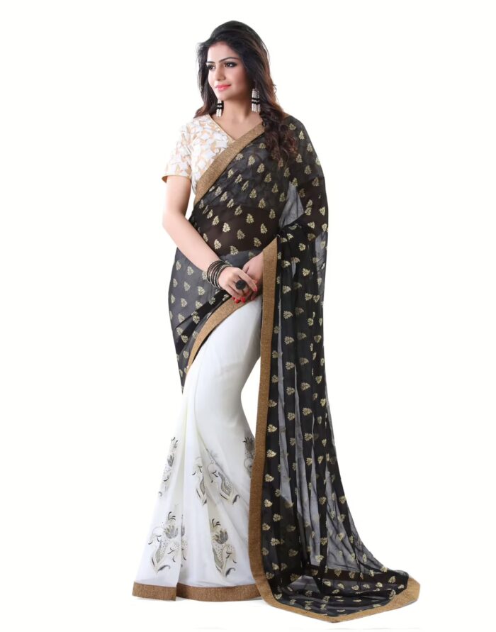 Club Art Decor Designer Black and White Saree with Designer Cream Blouse