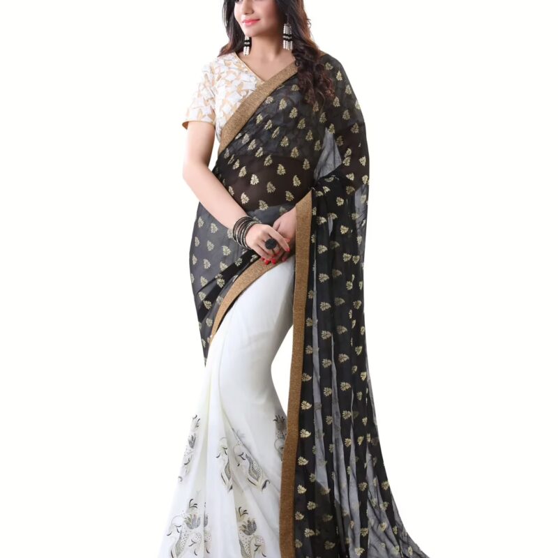 Club Art Decor Designer Black and White Saree with Designer Cream Blouse