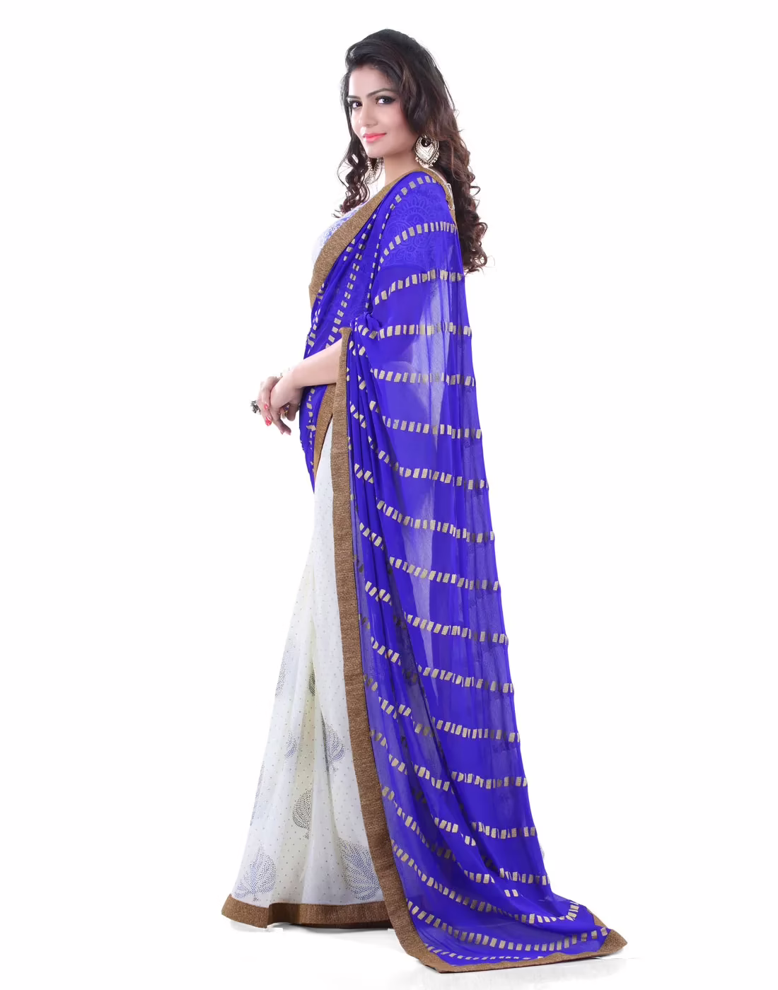 Club Art Decor Designer White and Blue Saree with Designer Blue Blouse - Image 5