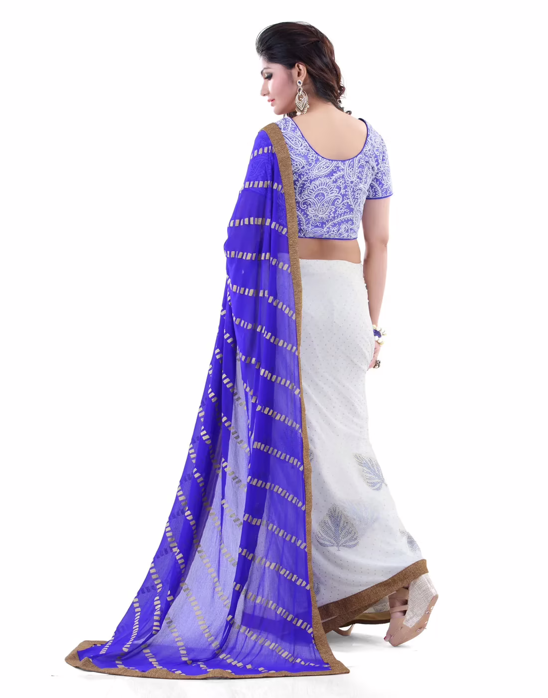 Club Art Decor Designer White and Blue Saree with Designer Blue Blouse - Image 4