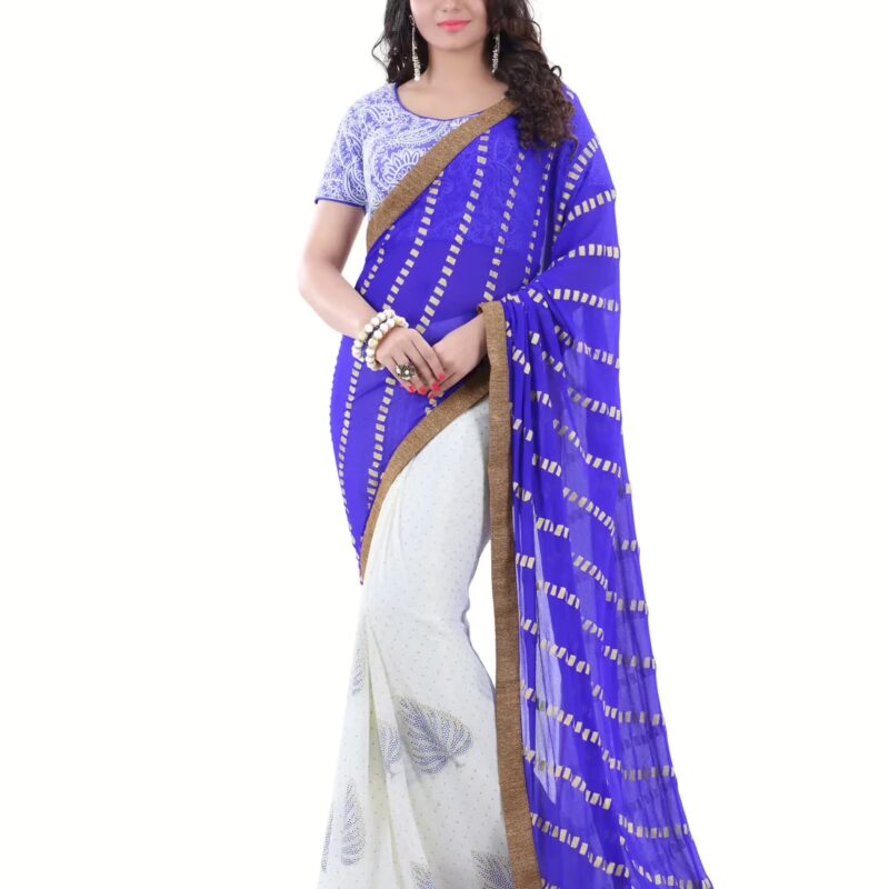 Club Art Decor Designer White and Blue Saree with Designer Blue Blouse