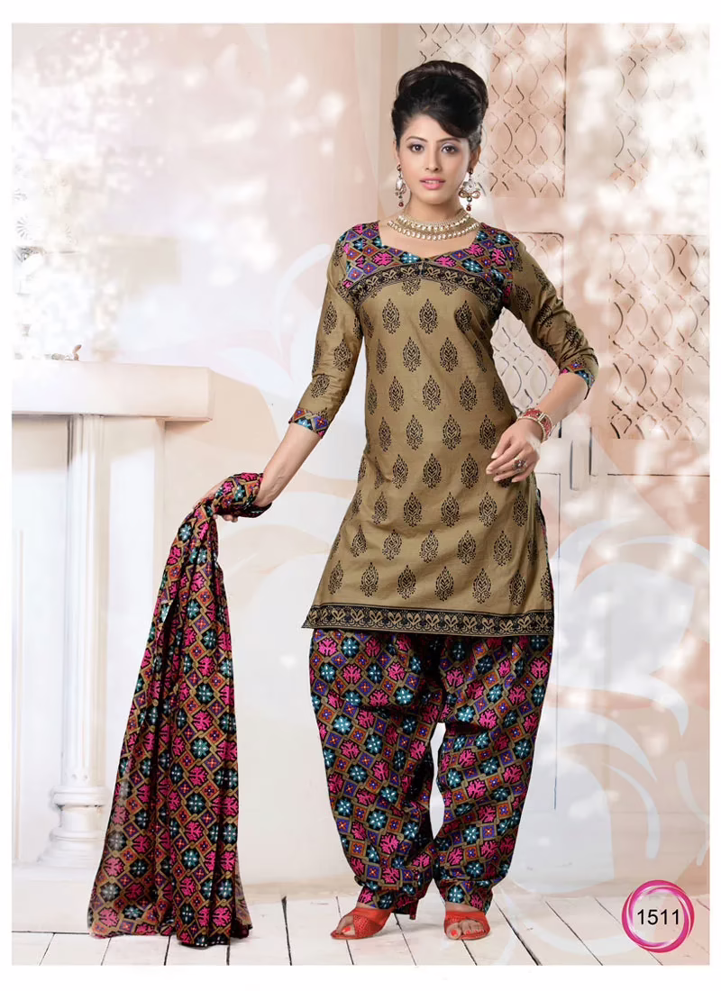 V&V New Cotton Brown Printed Dress Material