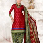 V&V Cotton Red Printed Dress Material